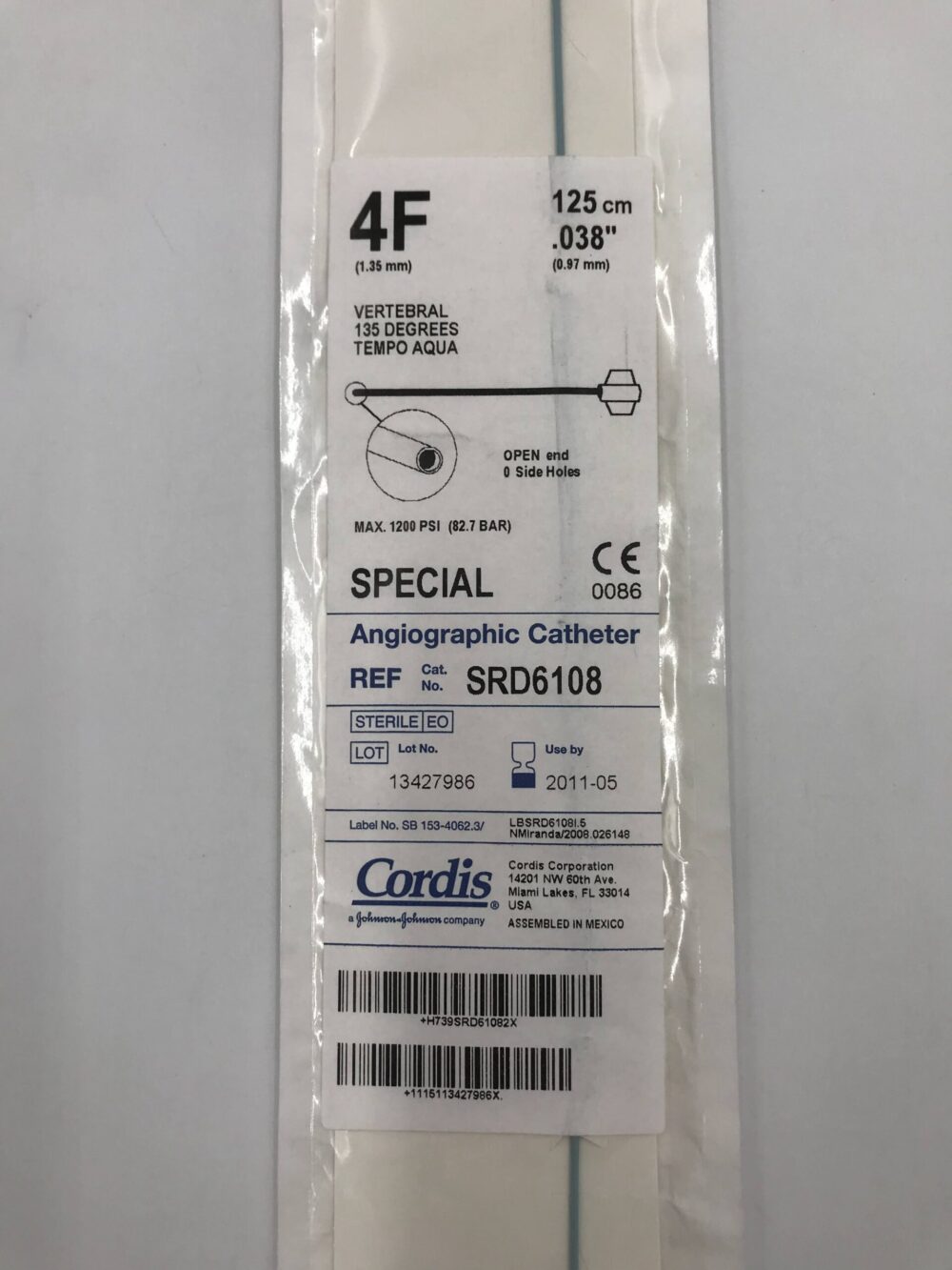 CORDIS SRD6108 SPECIAL Angiographic Catheter Vertebral 135° Tempo Aqua
