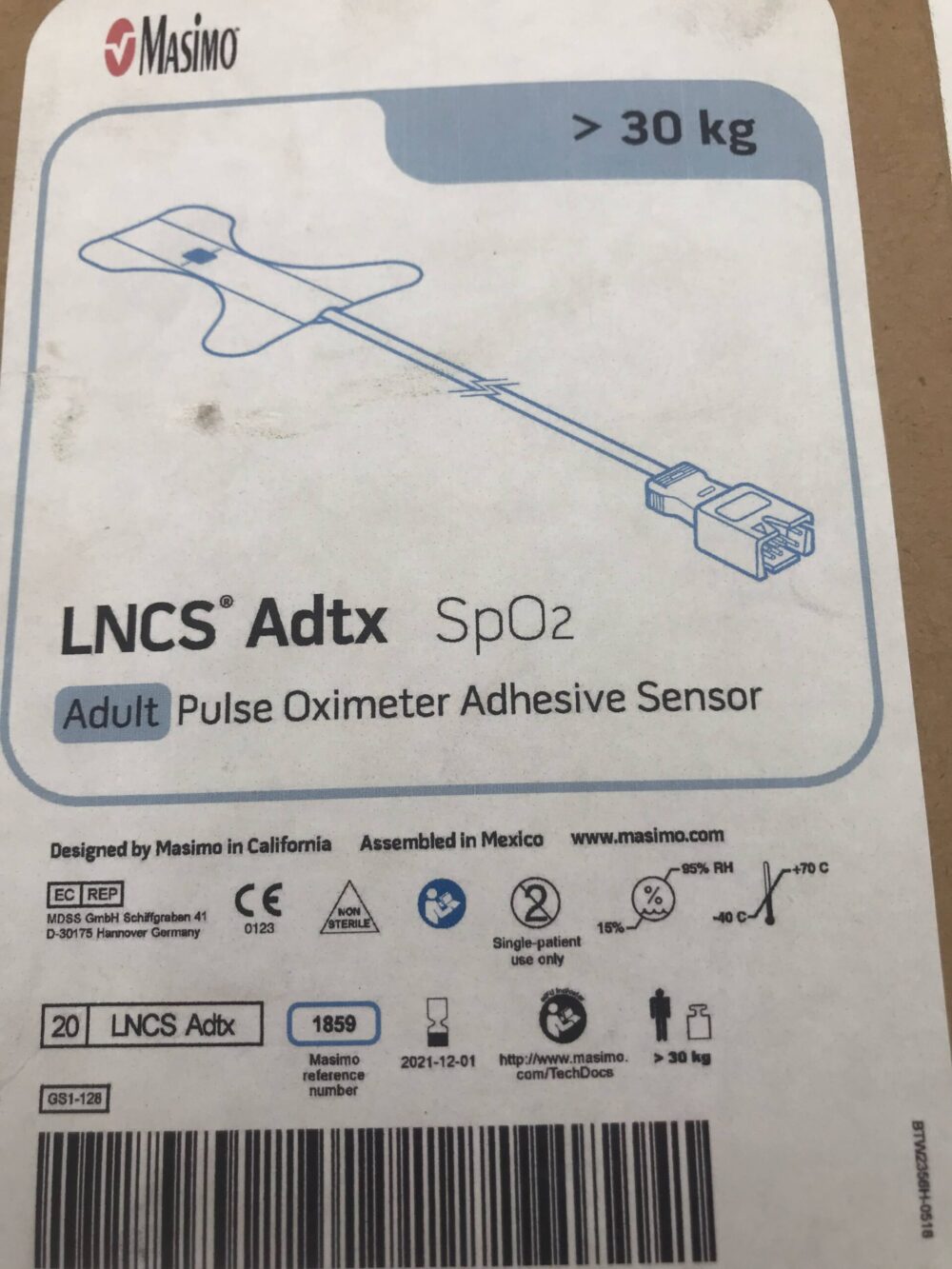 Masimo 1859 LNCS Adtx SpO2 Adult Pulse Oximeter Adhesive Sensor >30kg ...