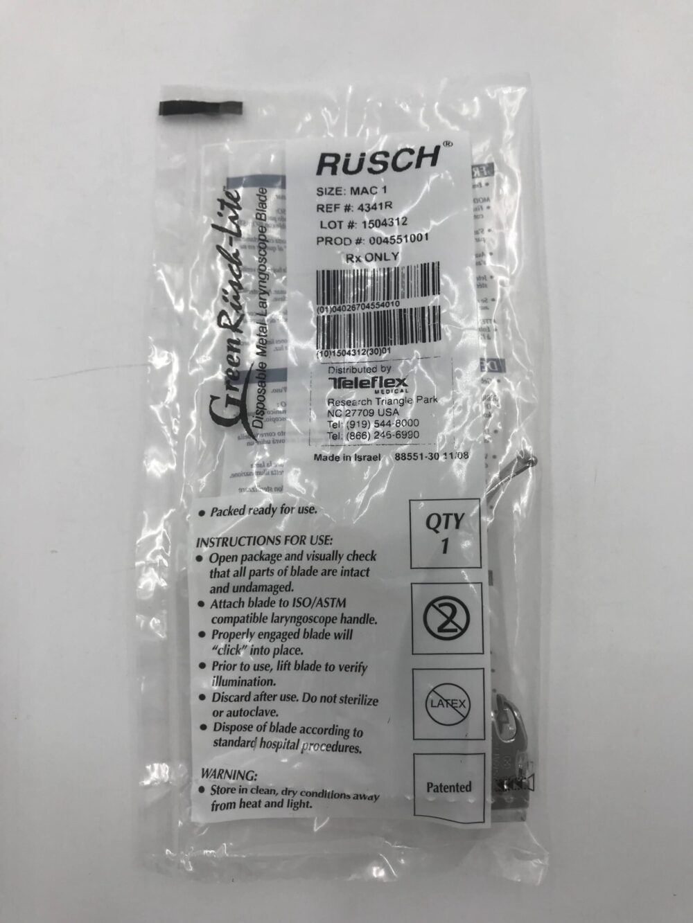 TELEFLEX 4341R Green RuschLite Disposable Metal Laryngoscope Blade