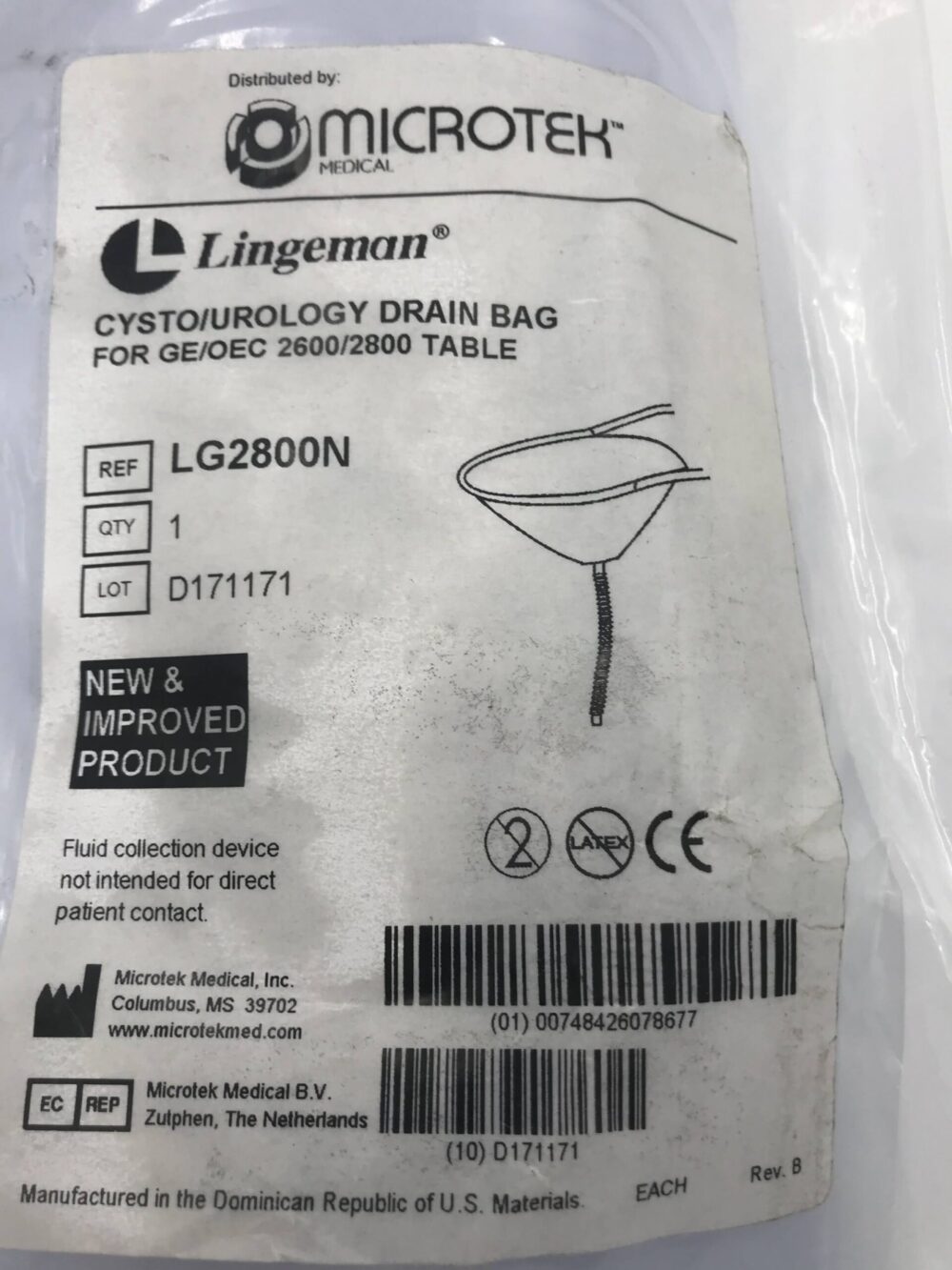 Microtek LG2800N Lingeman Cysto/Urology Drain Bag for GE/OEC 2600/2800