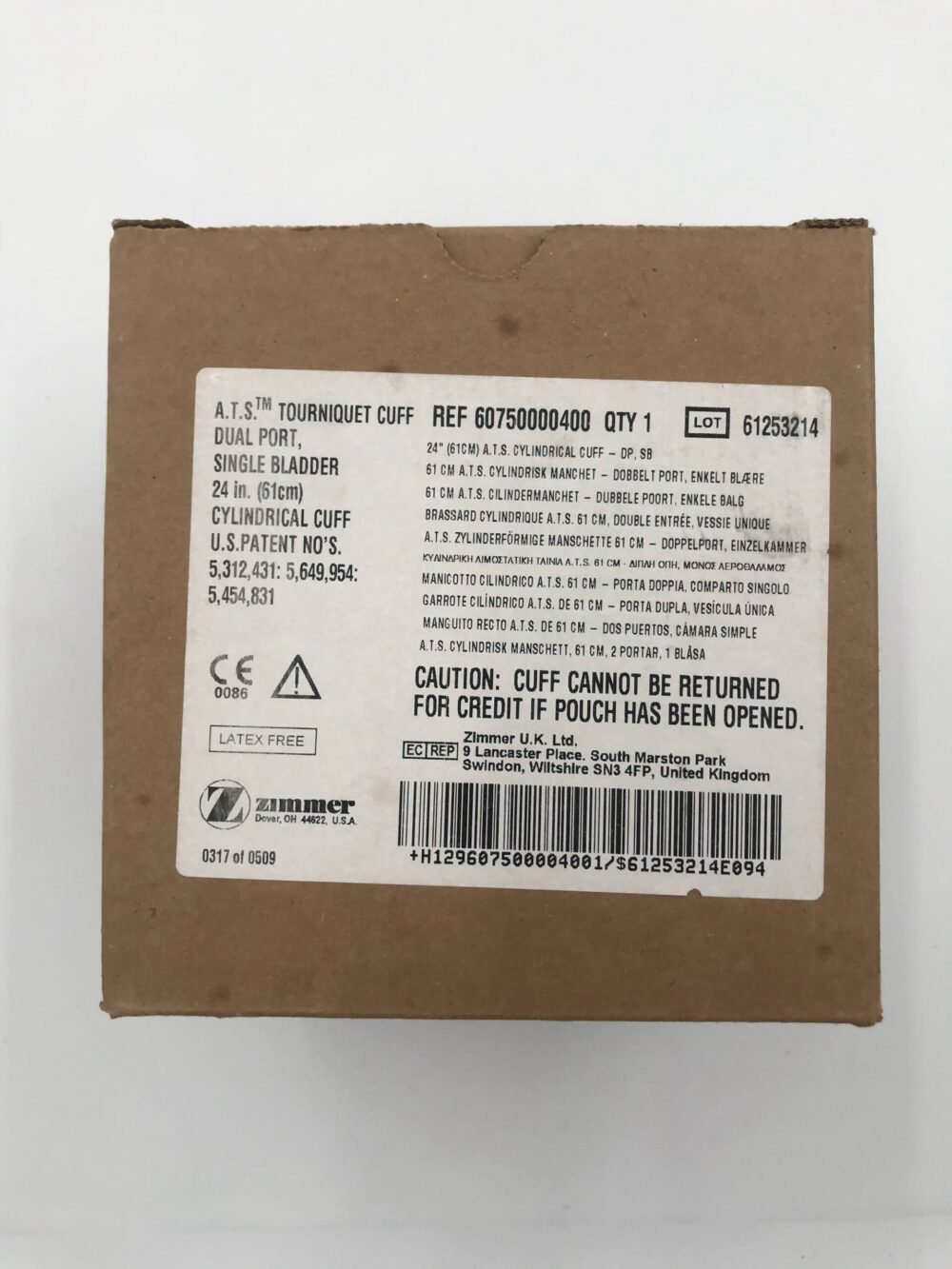 ZIMMER 60750000400 A.T.S. Tourniquet Cuff Dual Port, Single Bladder