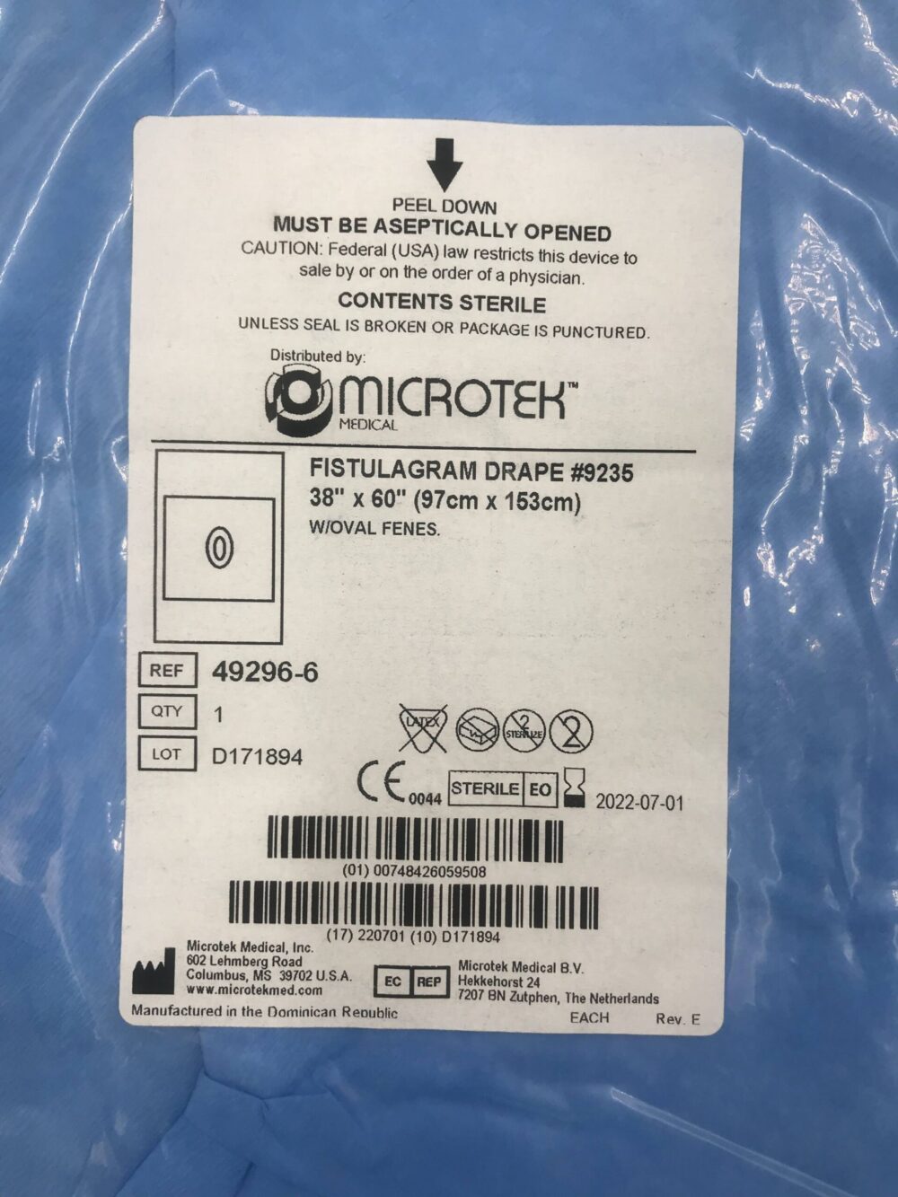 MICROTEK MEDICAL 492966 Fistulagram Drape 38in x 60in (X) GB TECH USA