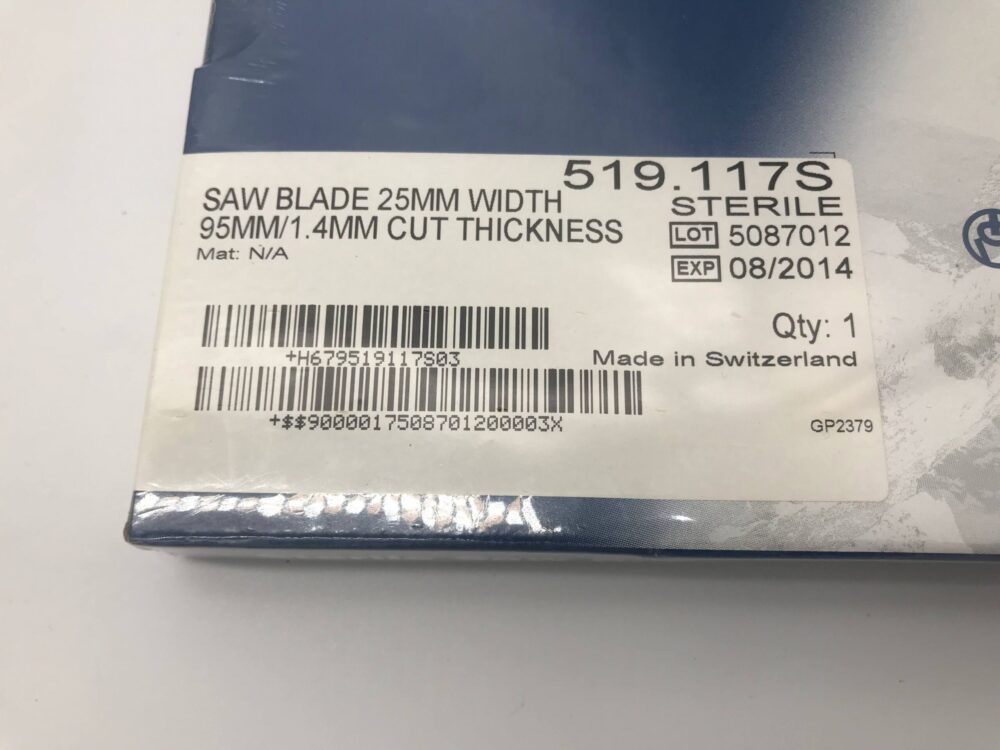 SYNTHES 519.117S Saw Blade 25mm Width, 95mm/1.4mm Cut Thickness (X