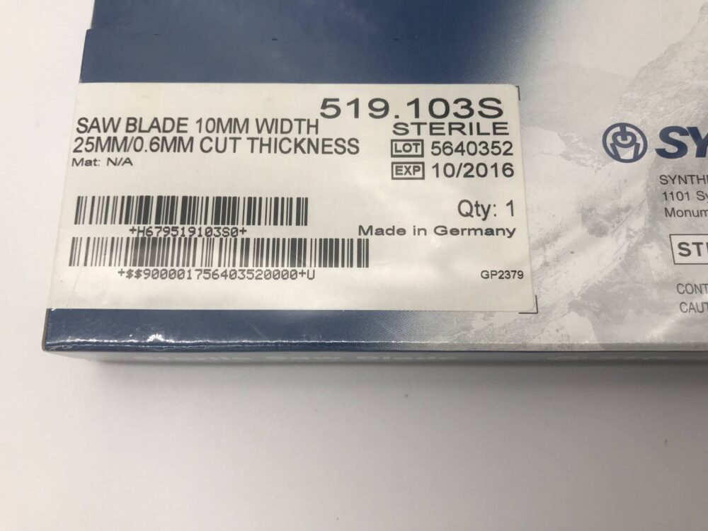 SYNTHES 519.103S Saw Blade 10mm Width, 25mm/0.6mm Cut Thickness (X