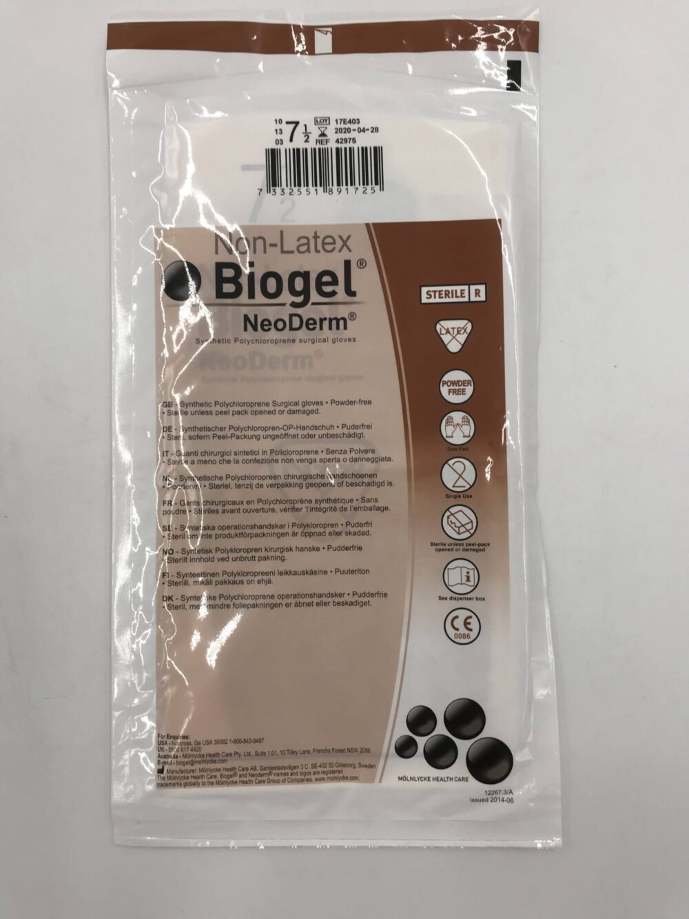 MOLNLYCKE HEALTH 42975 NonLatex Biogel NeoDerm Surgical Gloves 7.5 (10