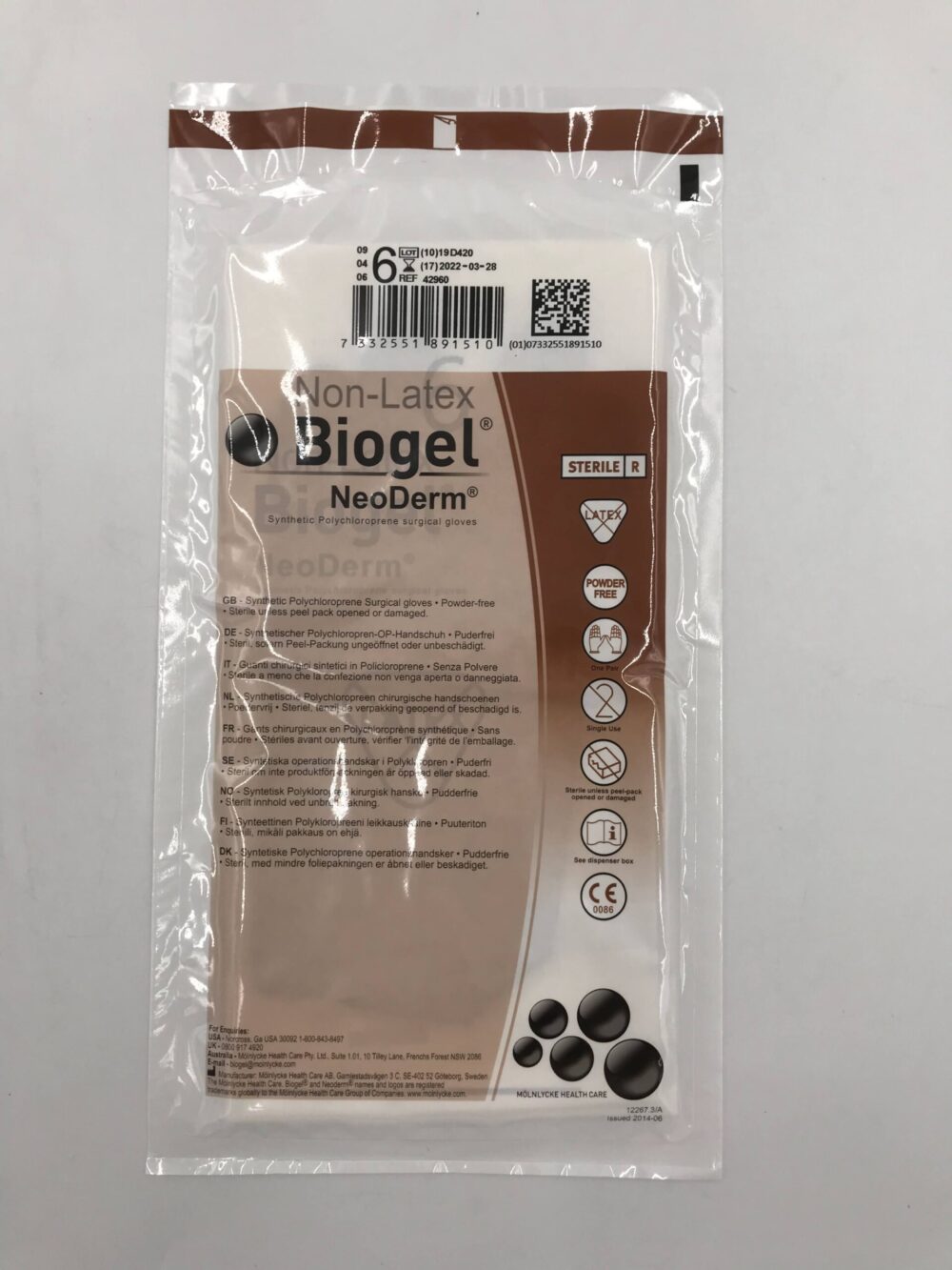 MOLNLYCKE HEALTH 42960 NonLatex Biogel NeoDerm Surgical Gloves 6 (10