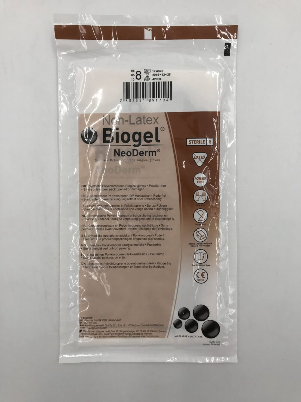 MOLNLYCKE HEALTH 42980 NonLatex Biogel NeoDerm Surgical Gloves 8 (10