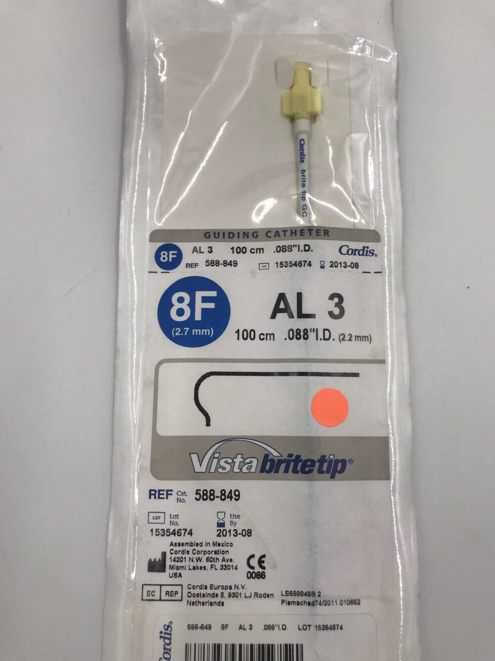 Cordis 588849 Vista BriteTip Guiding Catheter AL 3 8F (X) GB TECH USA