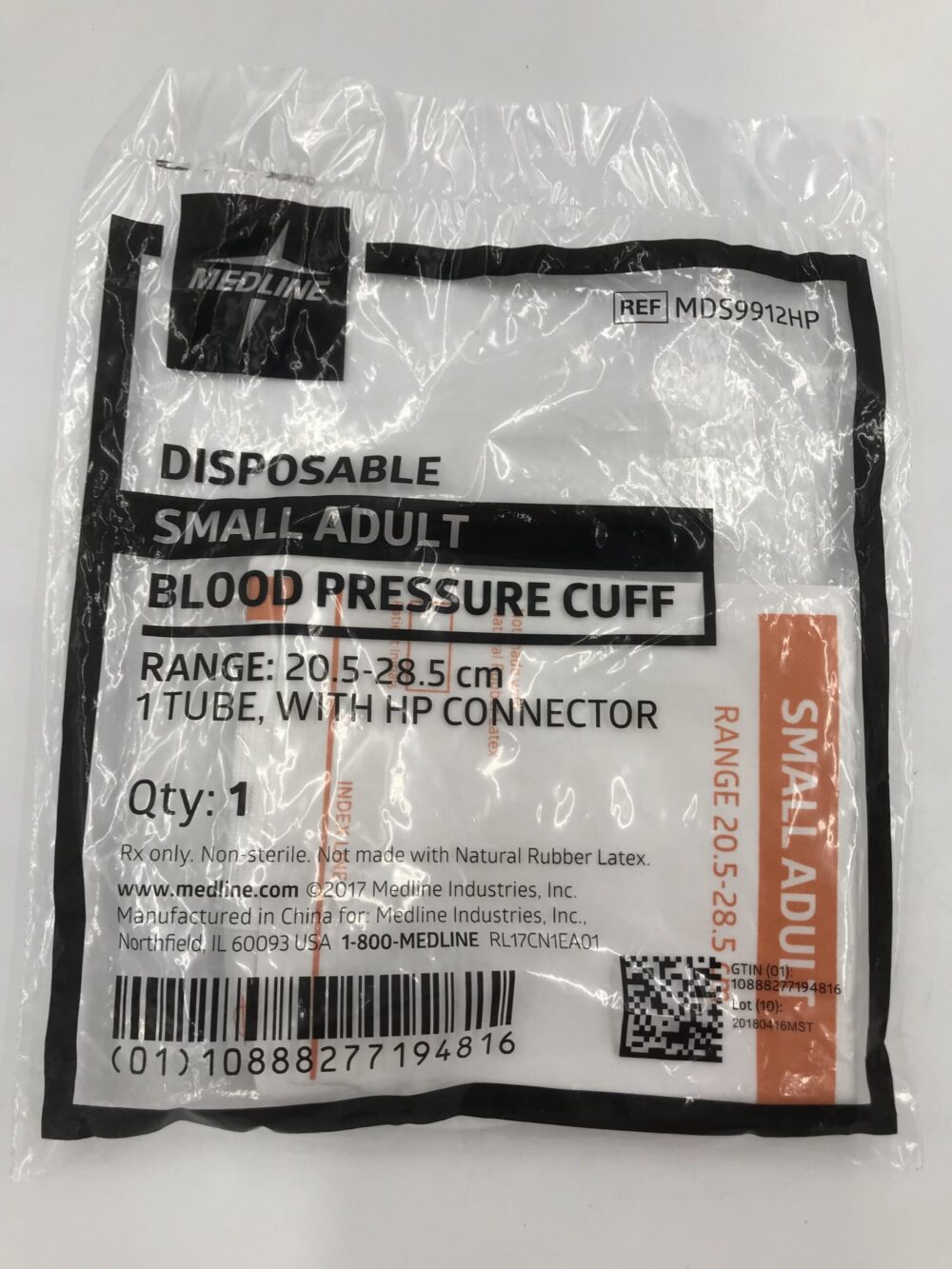Medline MDS9912HP Disposable Small Adult Blood Pressure Cuff 20.5
