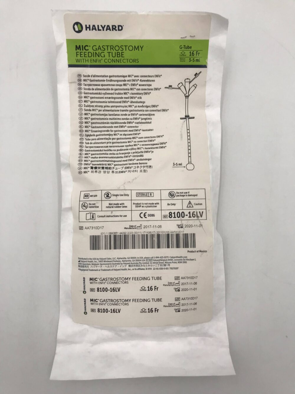 HALYARD 8100-16LV MIC Gastrostomy Feeding Tube w/ Enfit Connectors 16F ...