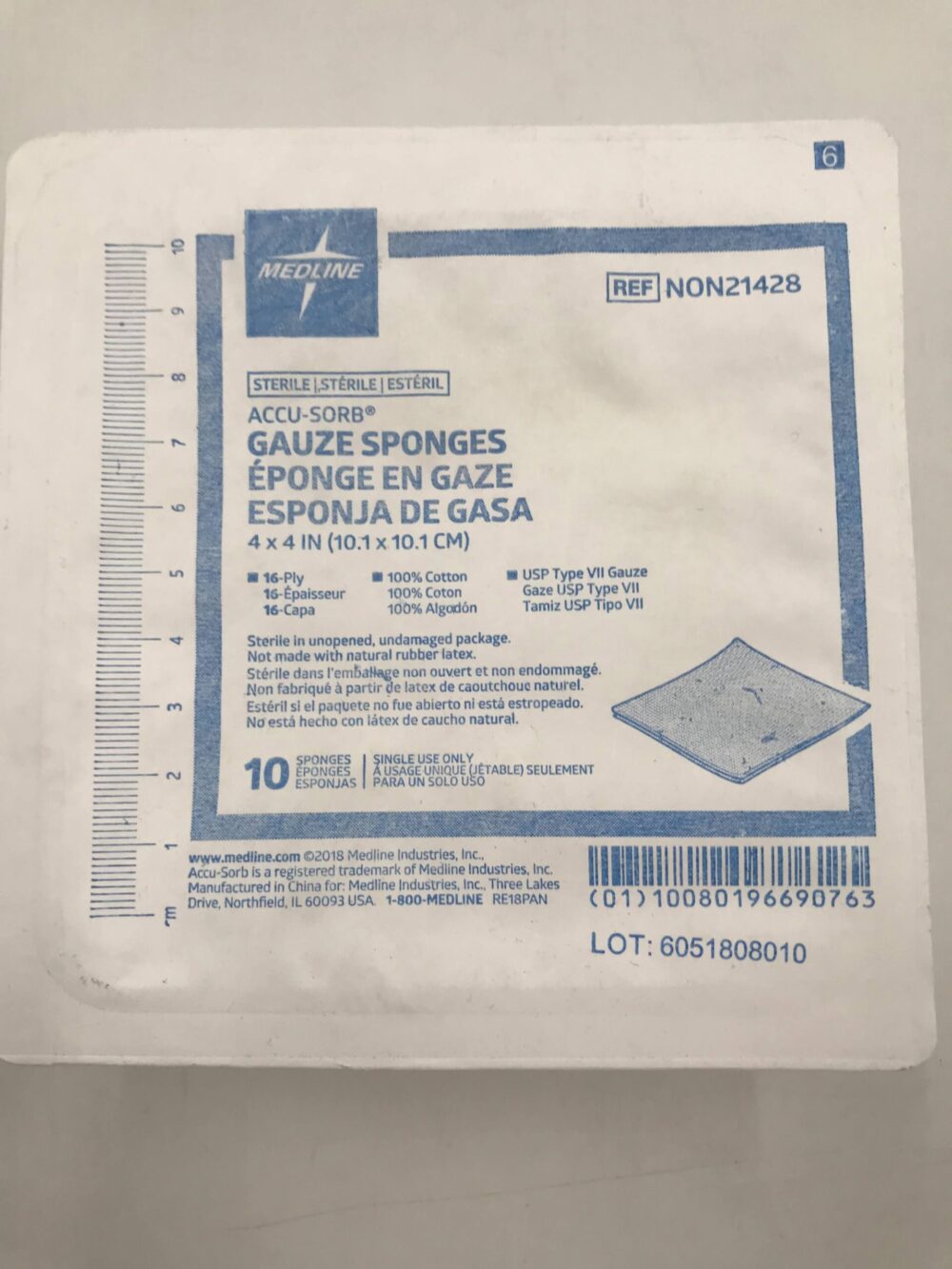 Medline NON21428 ACCUSORB Gauze Sponges 4 x 4in 16Ply 100 Cotton USP