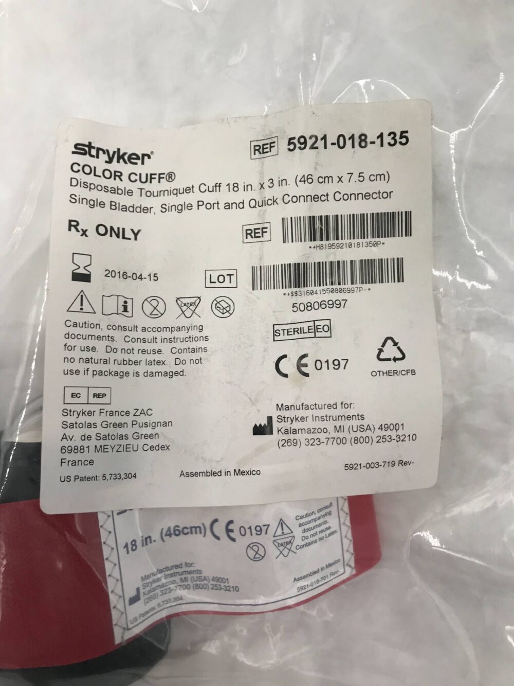 STRYKER 5921018135 Color Cuff Disp. Tourniquet Cuff Single Bladder