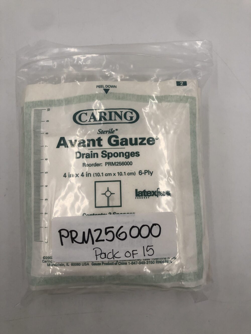 Caring PRM256000 Avant Gauze Drain Sponges 4in x 4in 6Ply (15/Pack