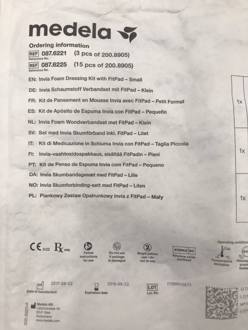 MEDELA 200.8905 Invia Foam Dressing Kit w/ FitPad Small (32x26cm