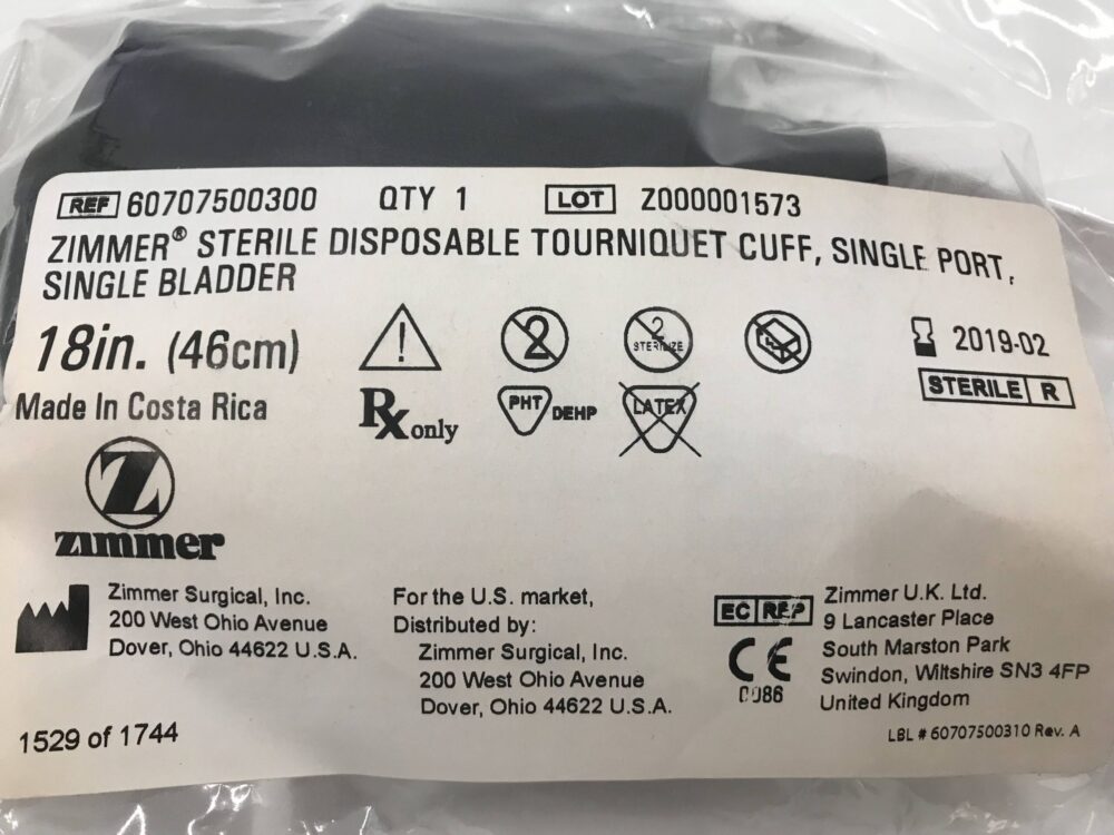 Zimmer 60707500300 Sterile Disposable Tourniquet Cuff Single Port Single Bladder 18in (46cm) (X
