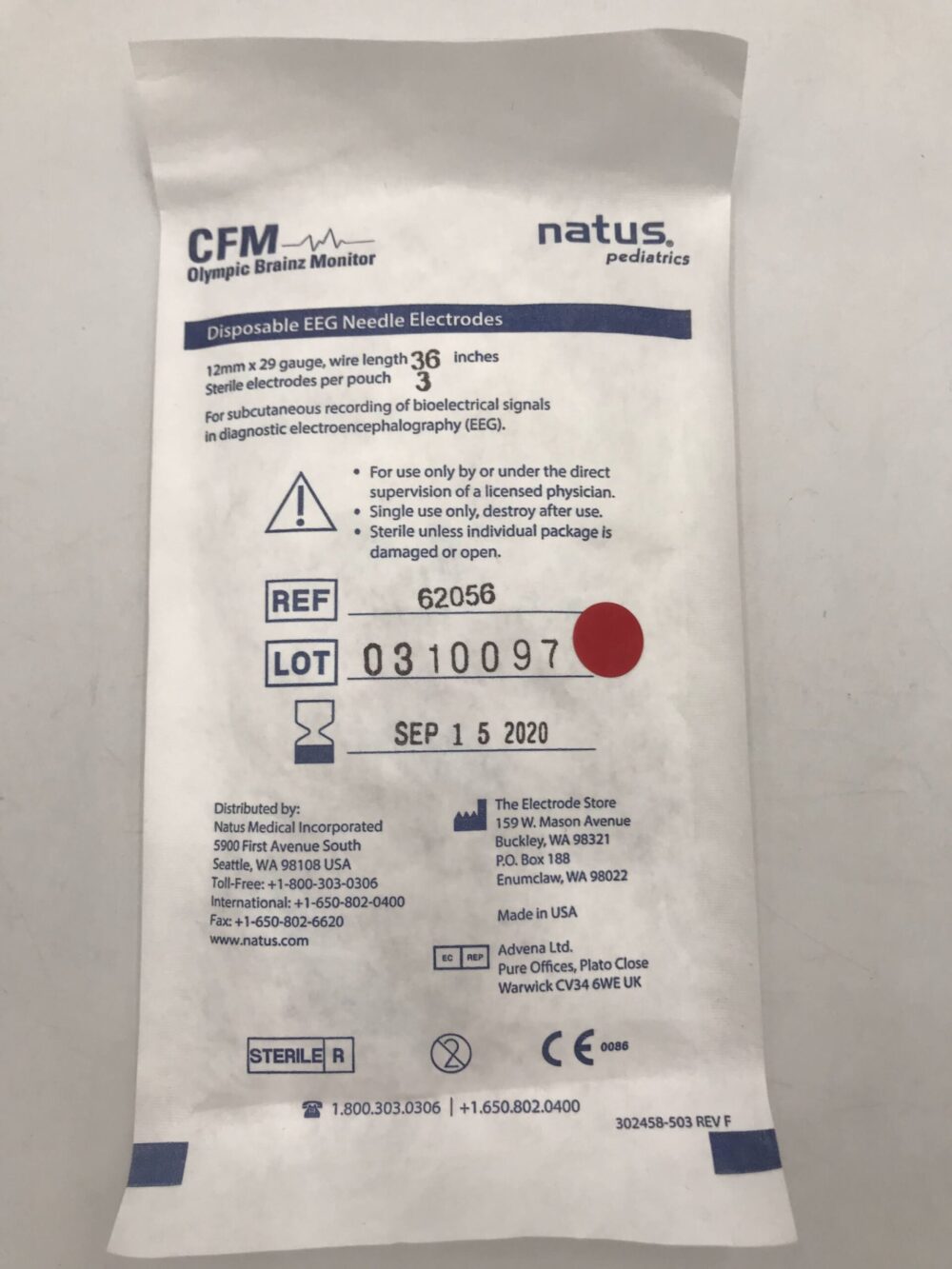 Natus 62056 Disposables EEG Needle Electrodes 12mm x 29G (3/PKG) (X