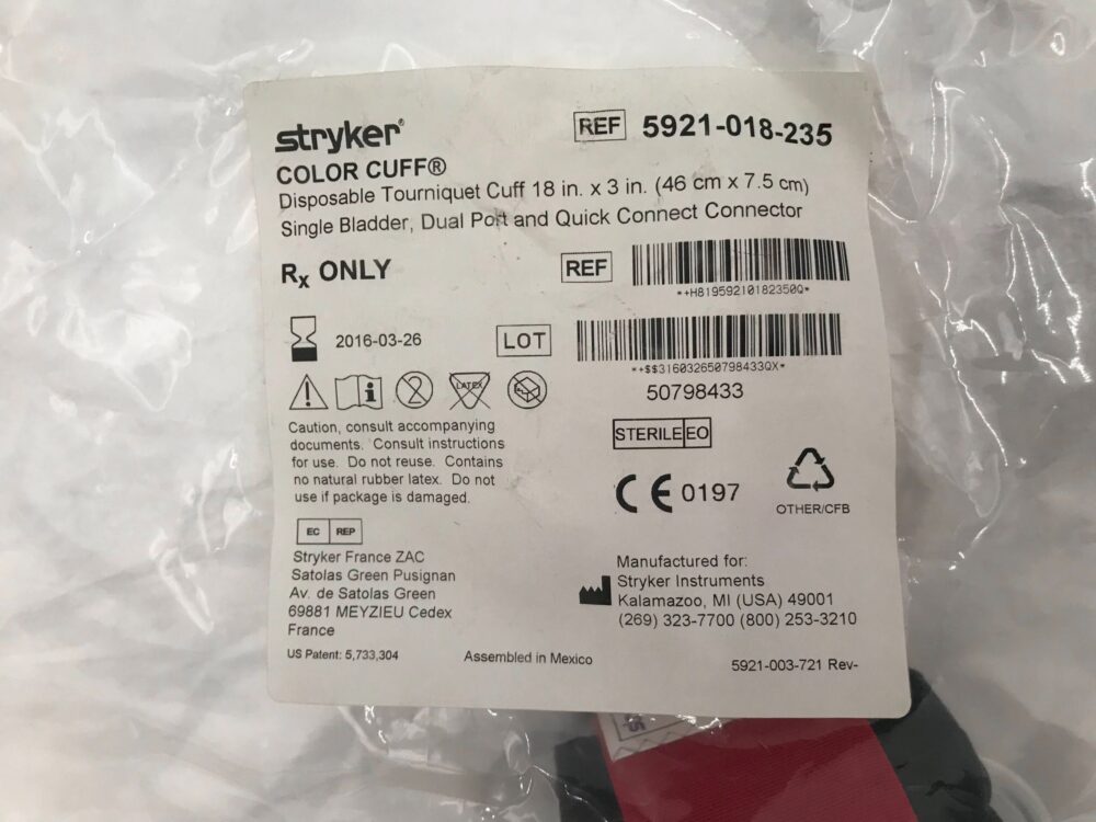 STRYKER 5921018235 Color Cuff Disp. Tourniquet Cuff Single Bladder