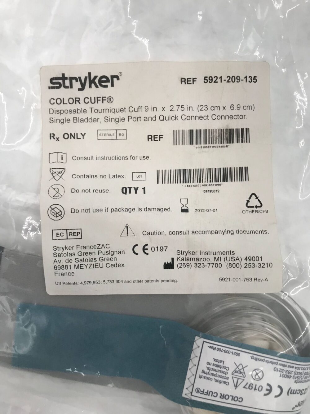 STRYKER 5921209135 Color Cuff Disp. Tourniquet Cuff Single Bladder