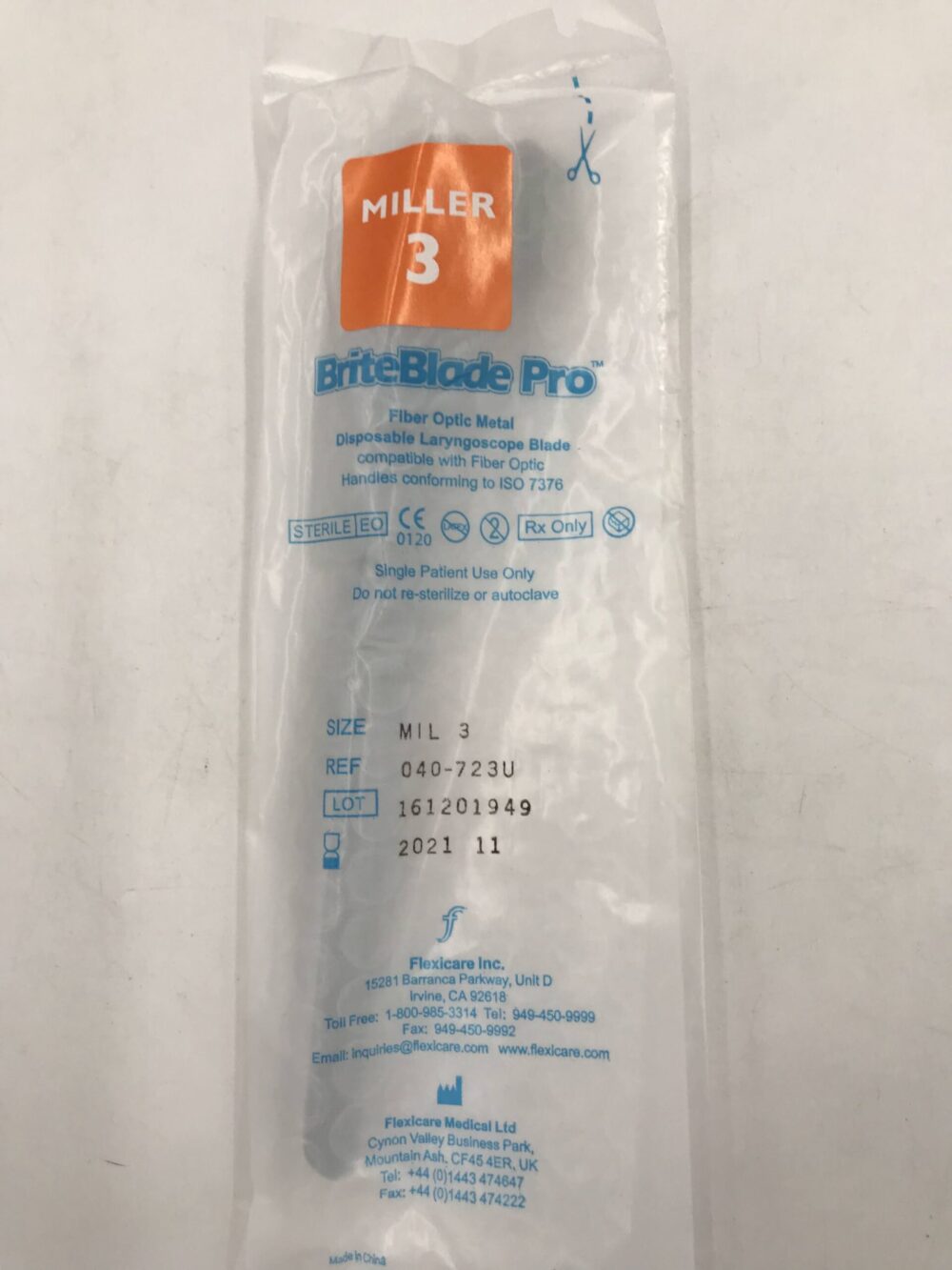 Flexicare 040723U BriteBlade Fiber Optic Metal Disposable Laryngoscope