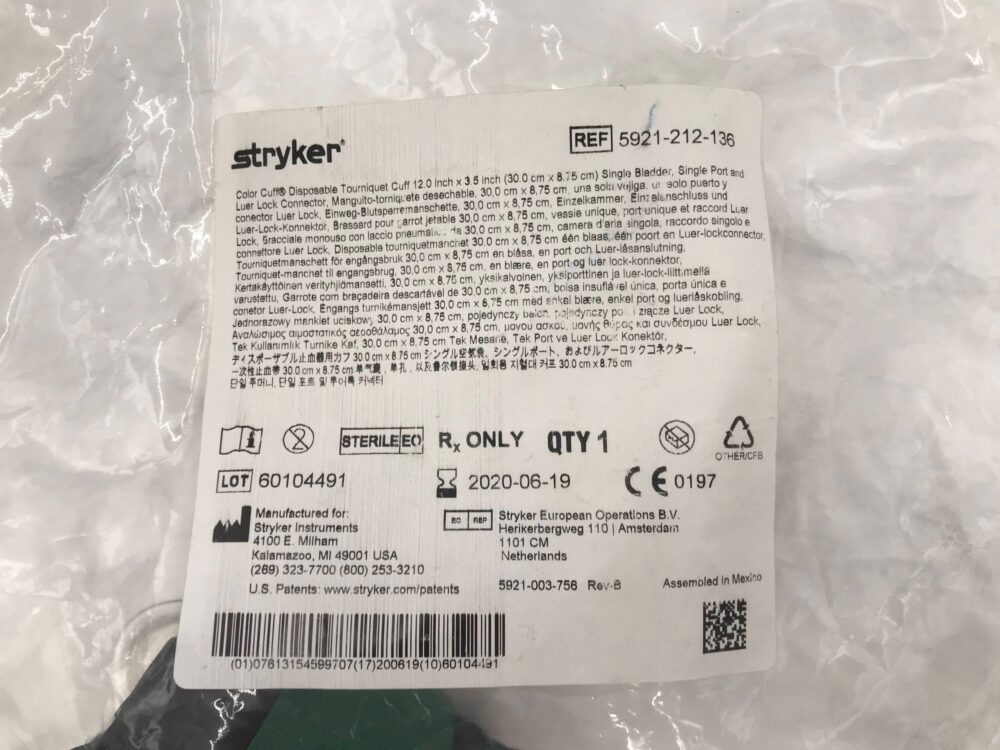 STRYKER 5921212136 Color Cuff Disp. Tourniquet Cuff, Single Bladder