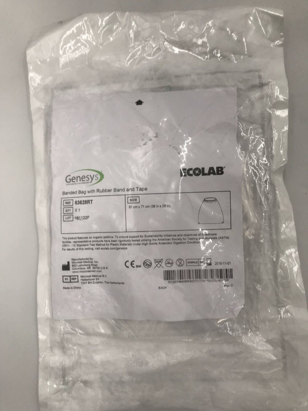 Microtek Medical 63628RT Ecolab Genesys Banded Bag with Rubber Band and