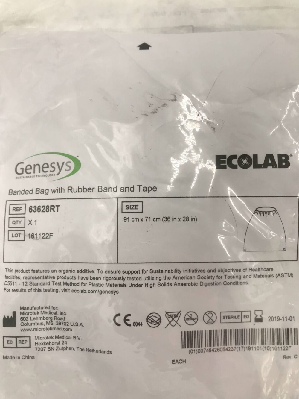 Microtek Medical 63628RT Ecolab Genesys Banded Bag with Rubber Band and