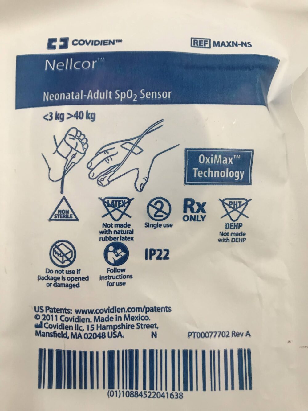Covidien MAXN-NS Nellcor Neonatal-Adult SpO2 Sensor 40kg OxiMax ...