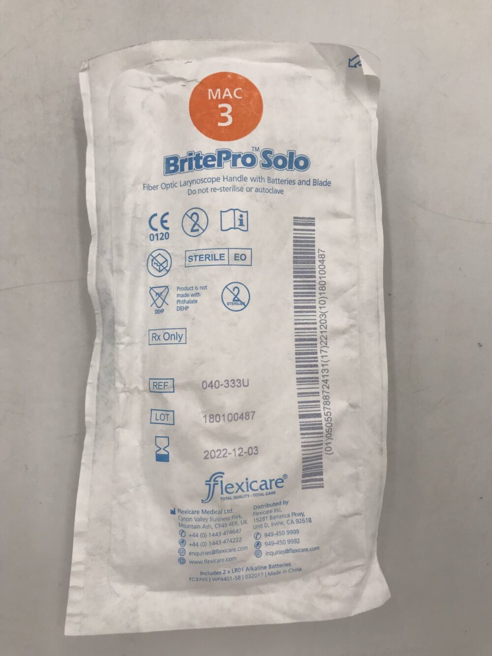 Flexicare 040333U BritePro Solo Fiber Optic Laryngoscope Handle with
