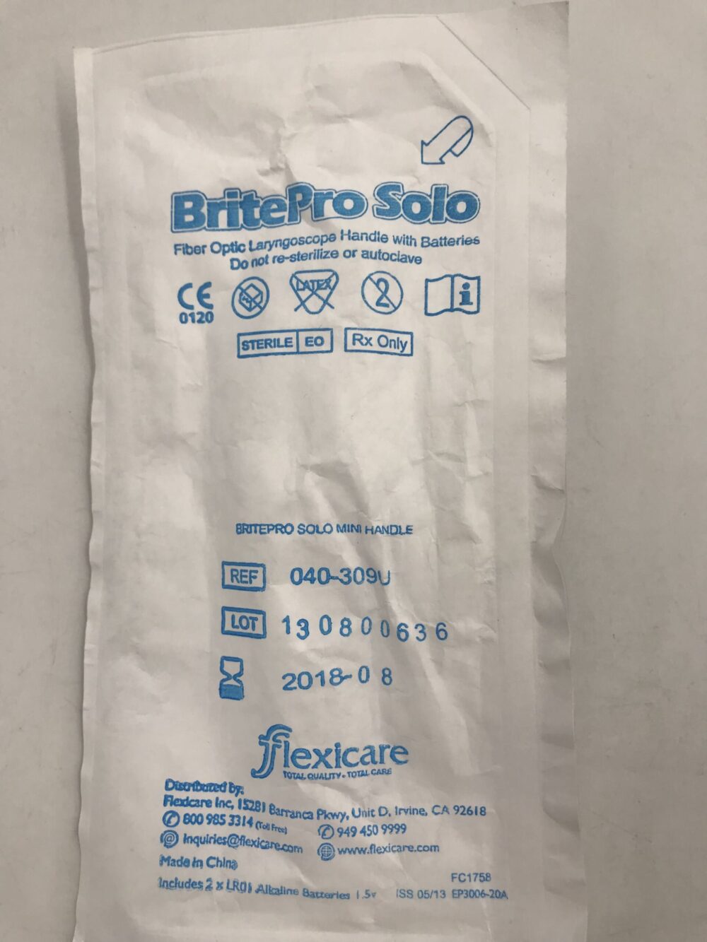 Flexicare 040309U BritePro Solo Fiber Optic Laryngoscope Handle with