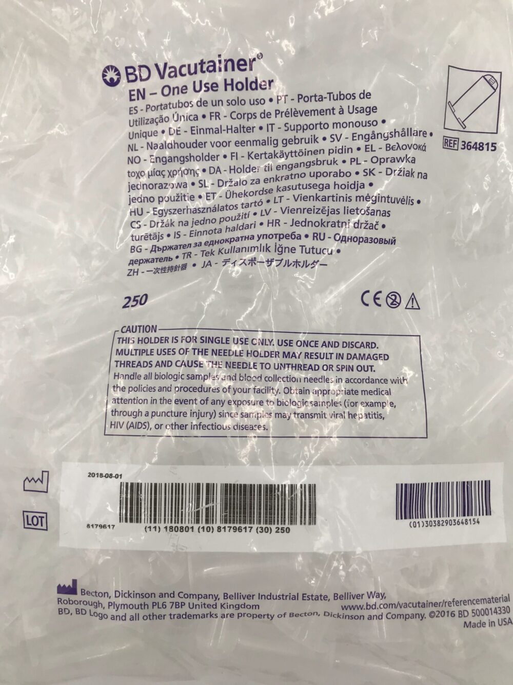 BD 364815 Vacutainer One Use Holder (250/Bag) GB TECH USA