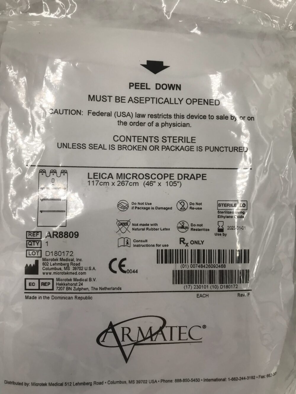 Microtek Medical AR8809 Leica Microscope Drape 117cm x 267cm (X) GB