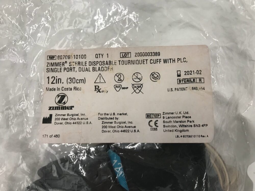ZIMMER 60708010100 Disposable Tourniquet Cuff w/PLC, Single Port, Dual