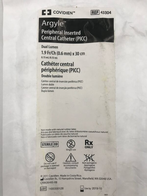 Covidien 43304 Argyle Peripheral Inserted Central Catheter (PICC) Dual ...