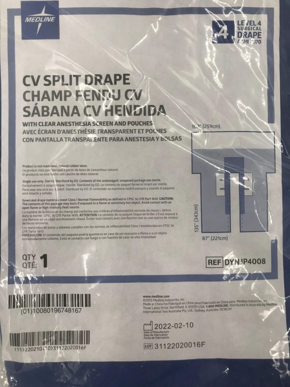 MEDLINE DYNJP4008 CV Split Surgical Drape Level 4, 135in x 102in x 87in