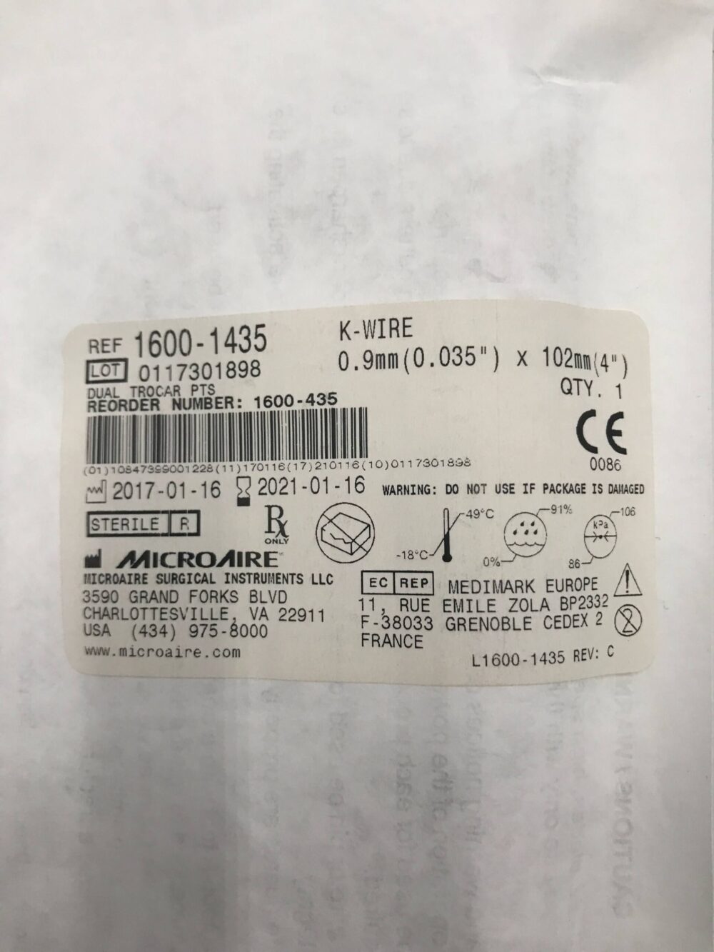 MICROAIRE 16001435 KWire 0.9mm x 102mm (X) GB TECH USA