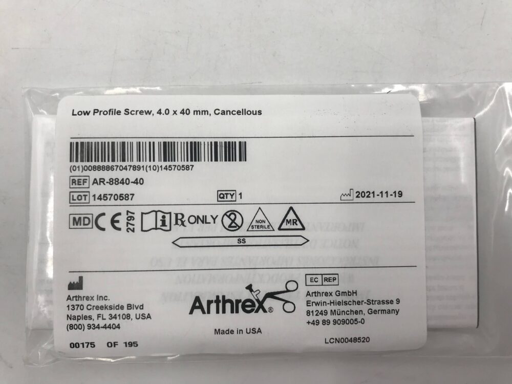 Arthrex AR-8840-40 Low Profile Screw 4.0 x 40mm Cancellous - GB TECH USA