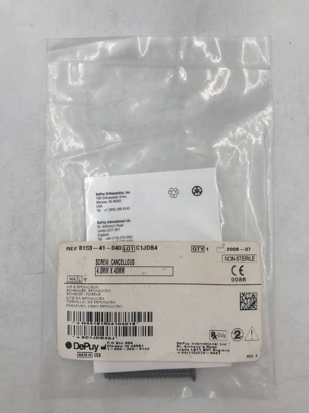 DePuy 8153-41-040 Screw, Cancellous 4mm x 40mm - GB TECH USA
