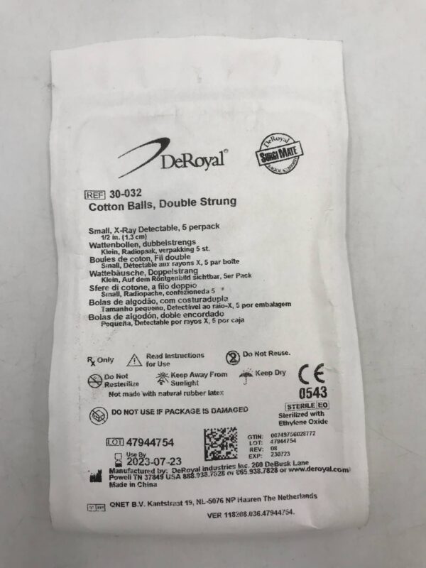 DeRoyal 30032 Cotton Balls Double Strung Small XRay Detectable (5