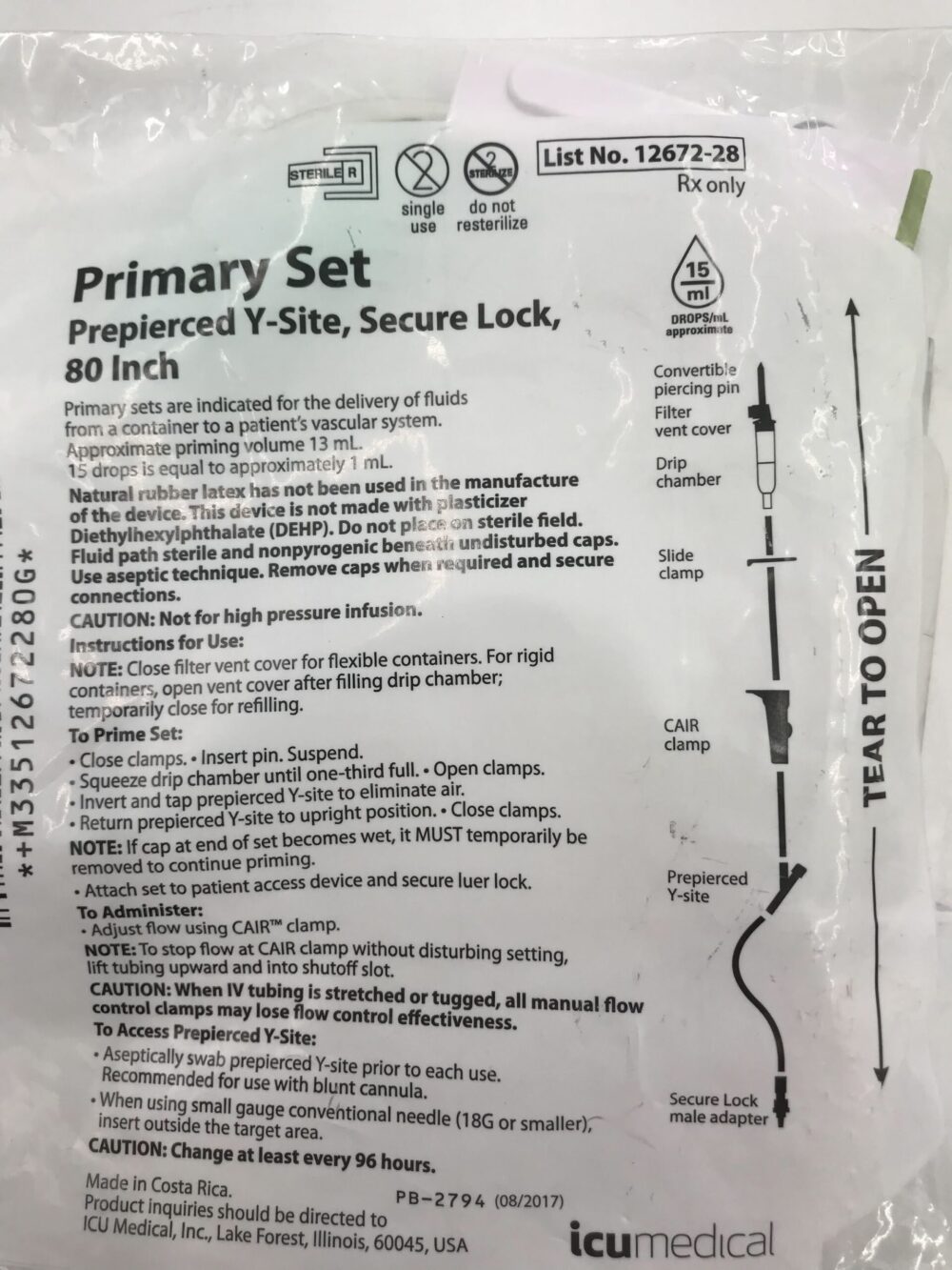ICU Medical 1267228 Primary Set Prepierced YSite Secure Lock 80inch