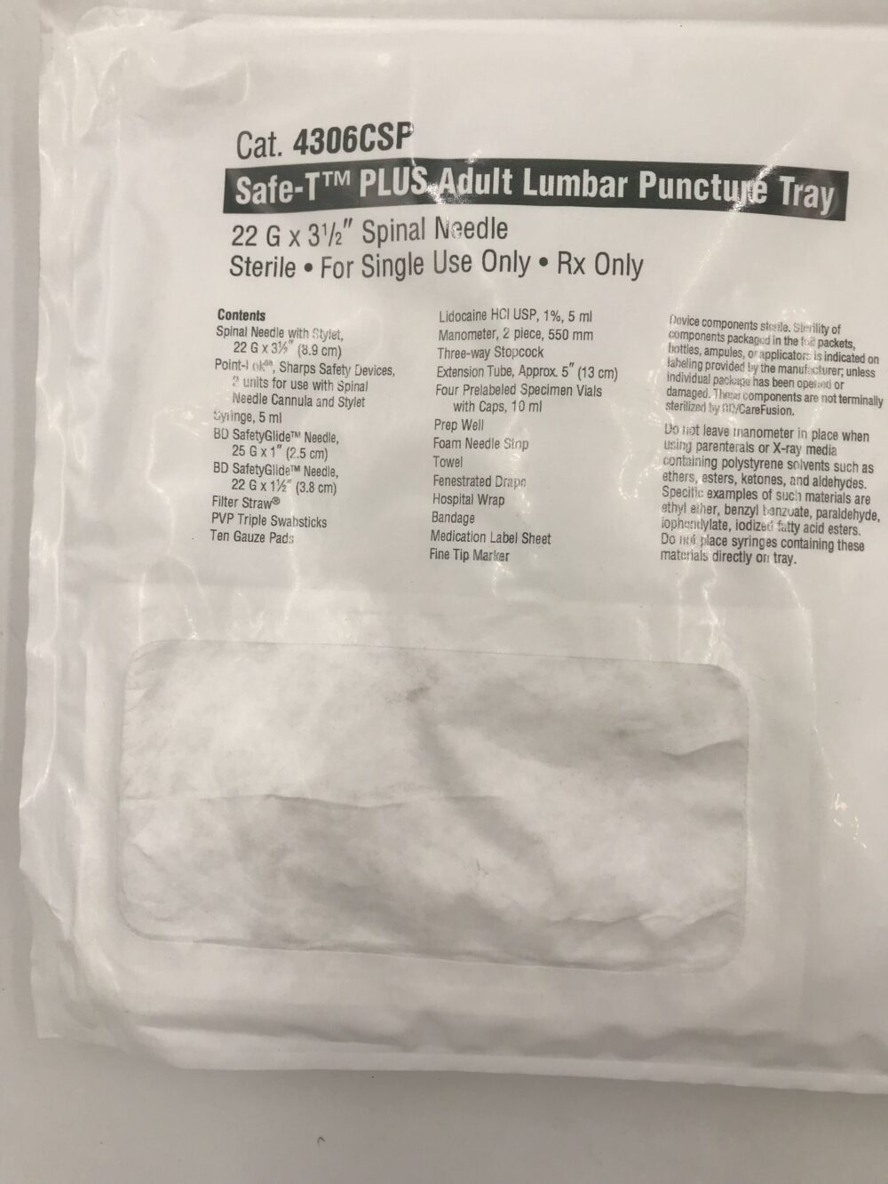 CareFusion 4306CSP SafeT PLUS Adult Lumbar Puncture Tray 22G x 3 1/2in