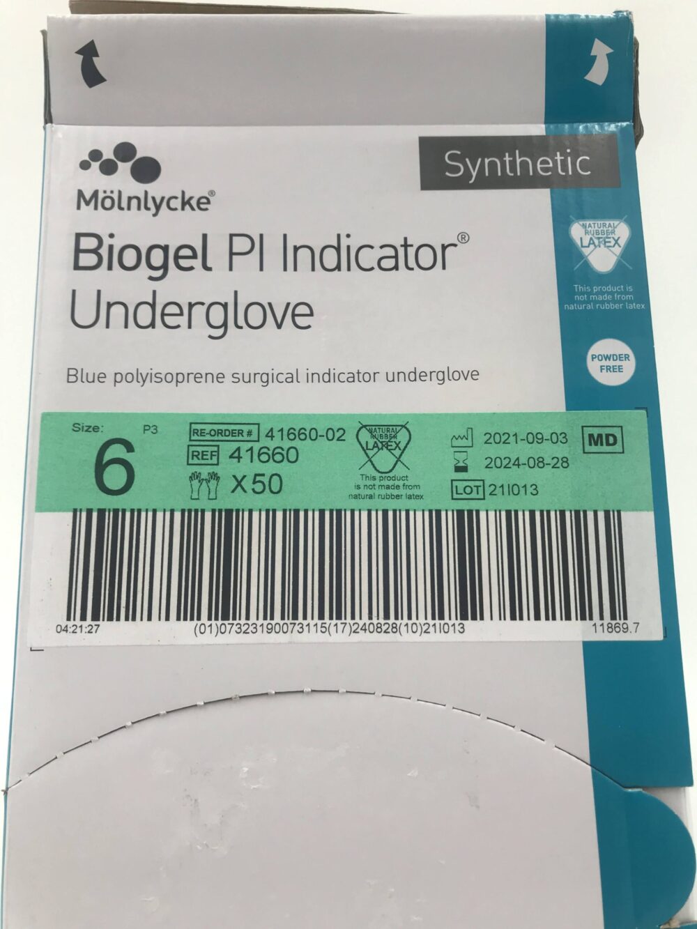 Molnlycke 41660 Biogel PI Indicator Underglove Blue Polyisoprene