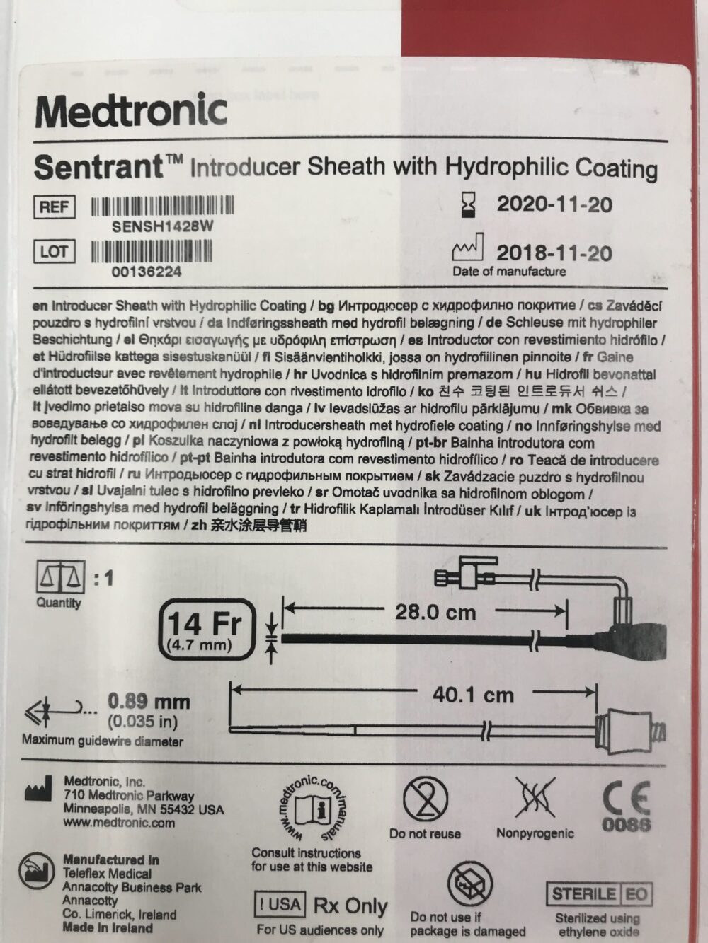 Medtronic SENSH1428W Sentrant Introducer Sheath with Hydrophilic