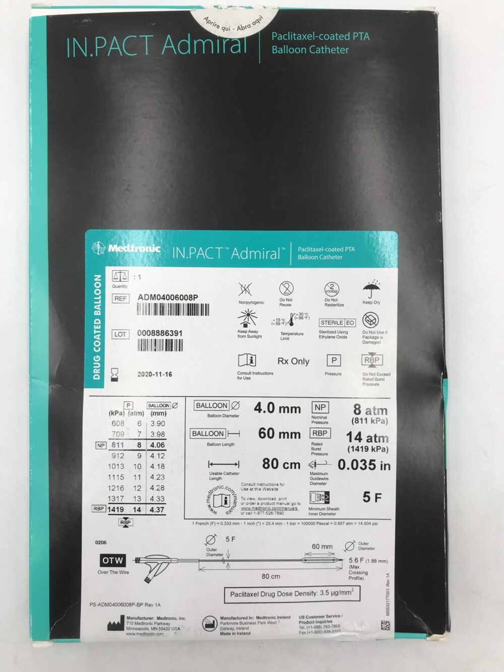 Medtronic ADM04006008P In.Pact Admiral PaclitaxelCoated PTA Balloon