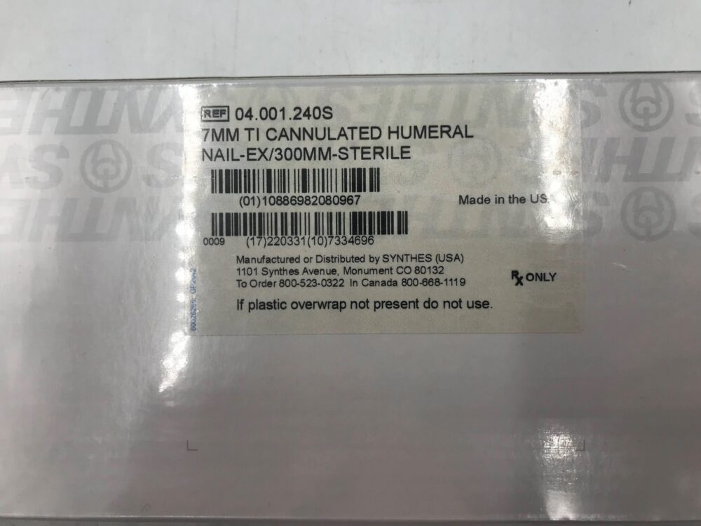 SYNTHES 04.001.240S 7mm TI Cannulated Humeral NailEx/300mm (X) GB