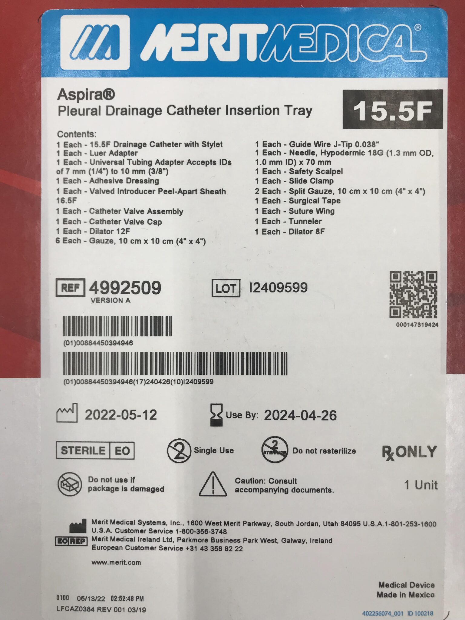 Merit Medical 4992509 Aspira Pleural Drainage Catheter Insertion Tray 15.5F (X) GB TECH USA