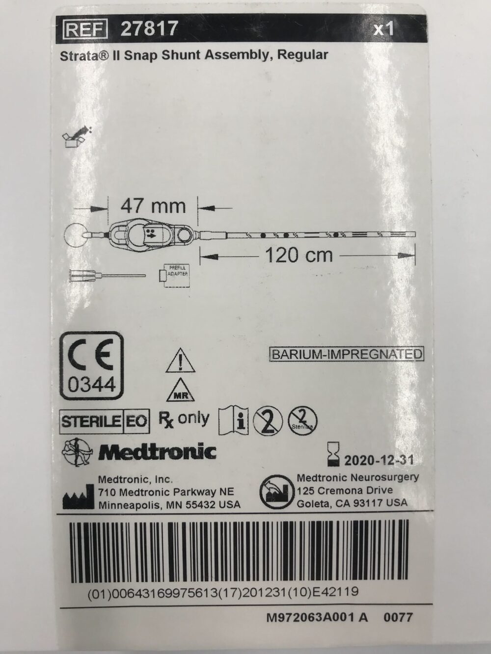 Medtronic 27817 Strata II Snap Shunt Assembly Regular 47mm x 120cm 