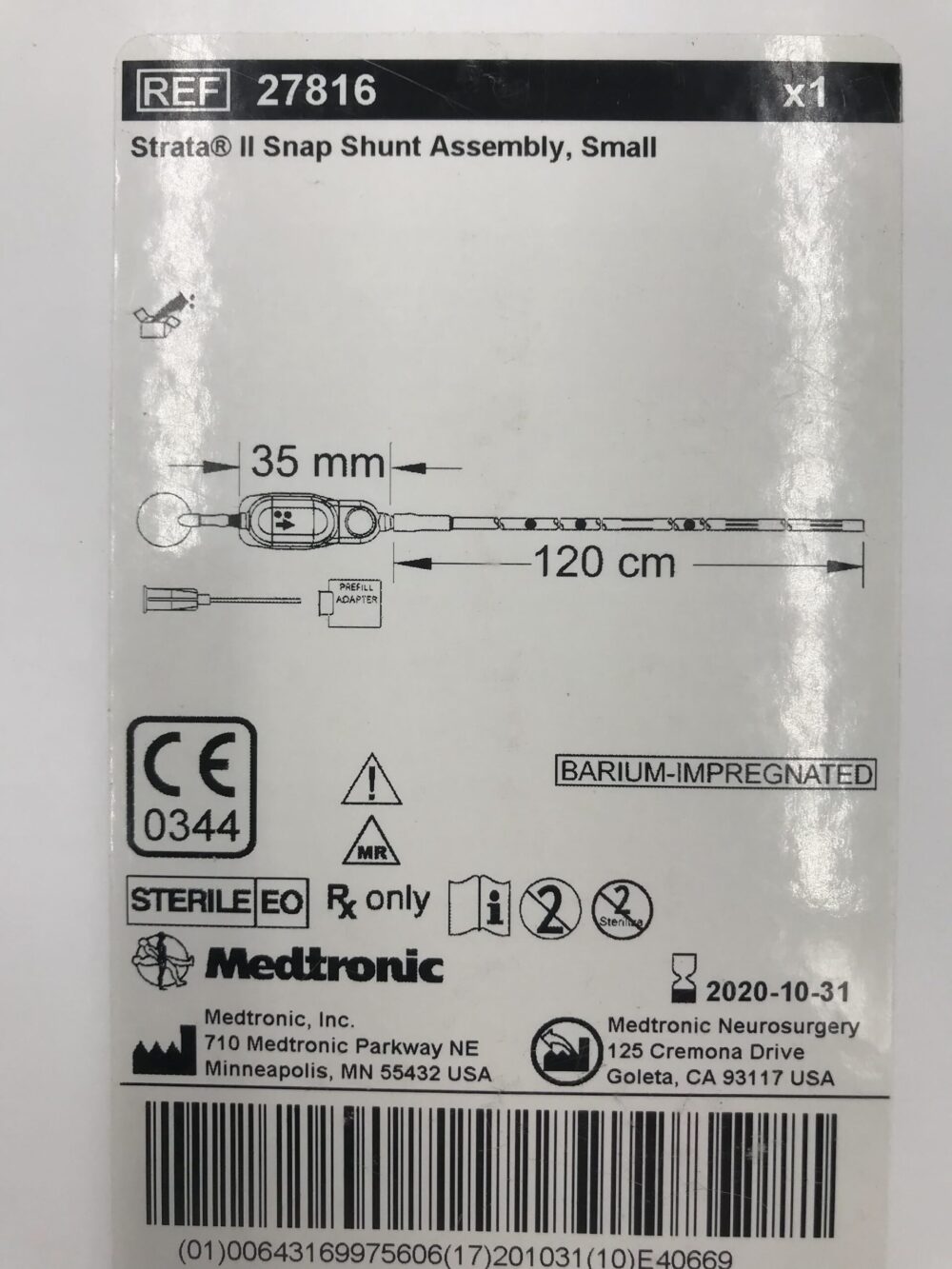 Medtronic 27816 Strata II Snap Shunt Assembly Small 35mm x 120cm 