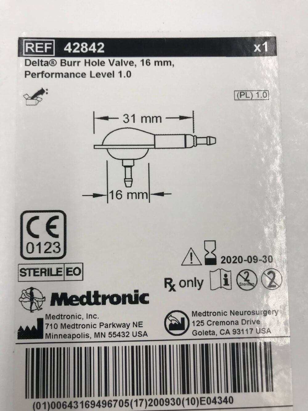 Medtronic 42842 Delta Burr Hole Valve 16mm Perfomance Level 1.0 (X 