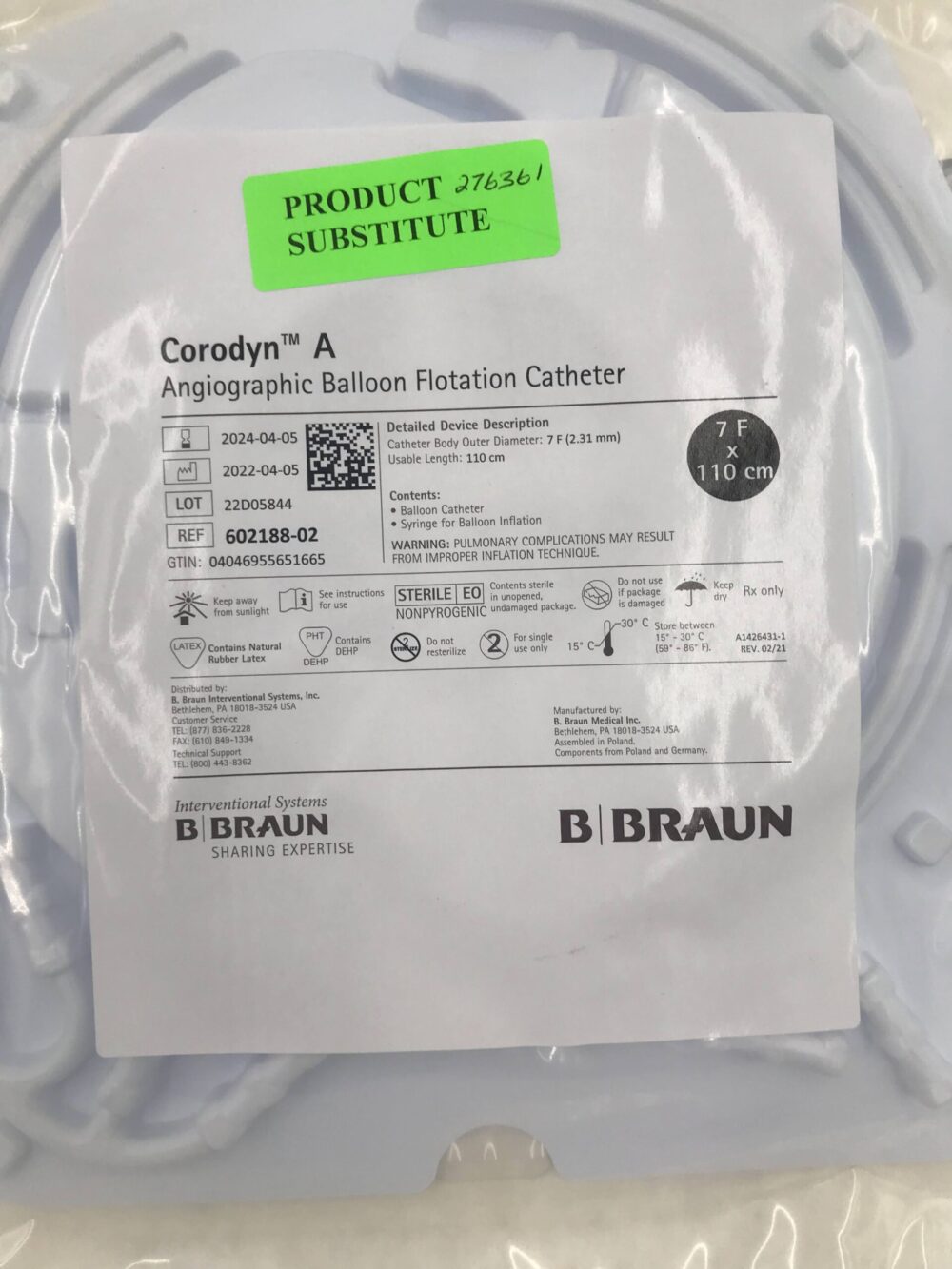 BRAUN 60218802 Corodyn A Angiographic Balloon Flotation Catheter 7F x