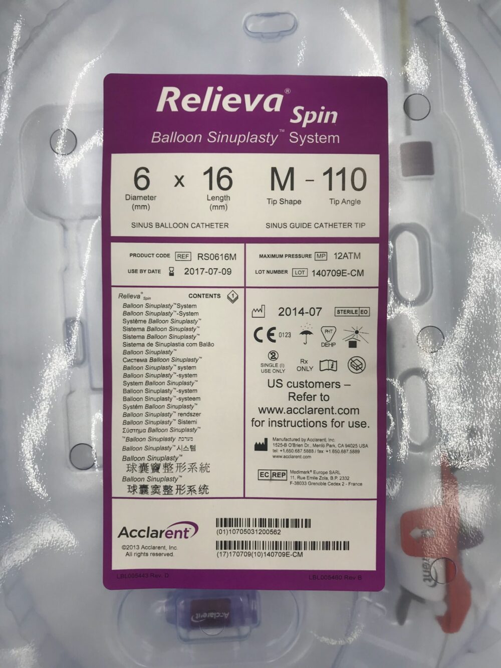 ACCLARENT RS0616M Relieva Spin Balloon Catheter Sinuplasty System, MTip Shape, 110Tip Angle
